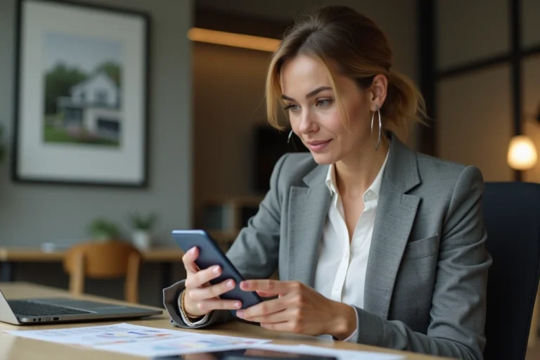 Agent immobilière utilisant l'application PlayIAD sur smartphone pour optimiser son activité professionnelle