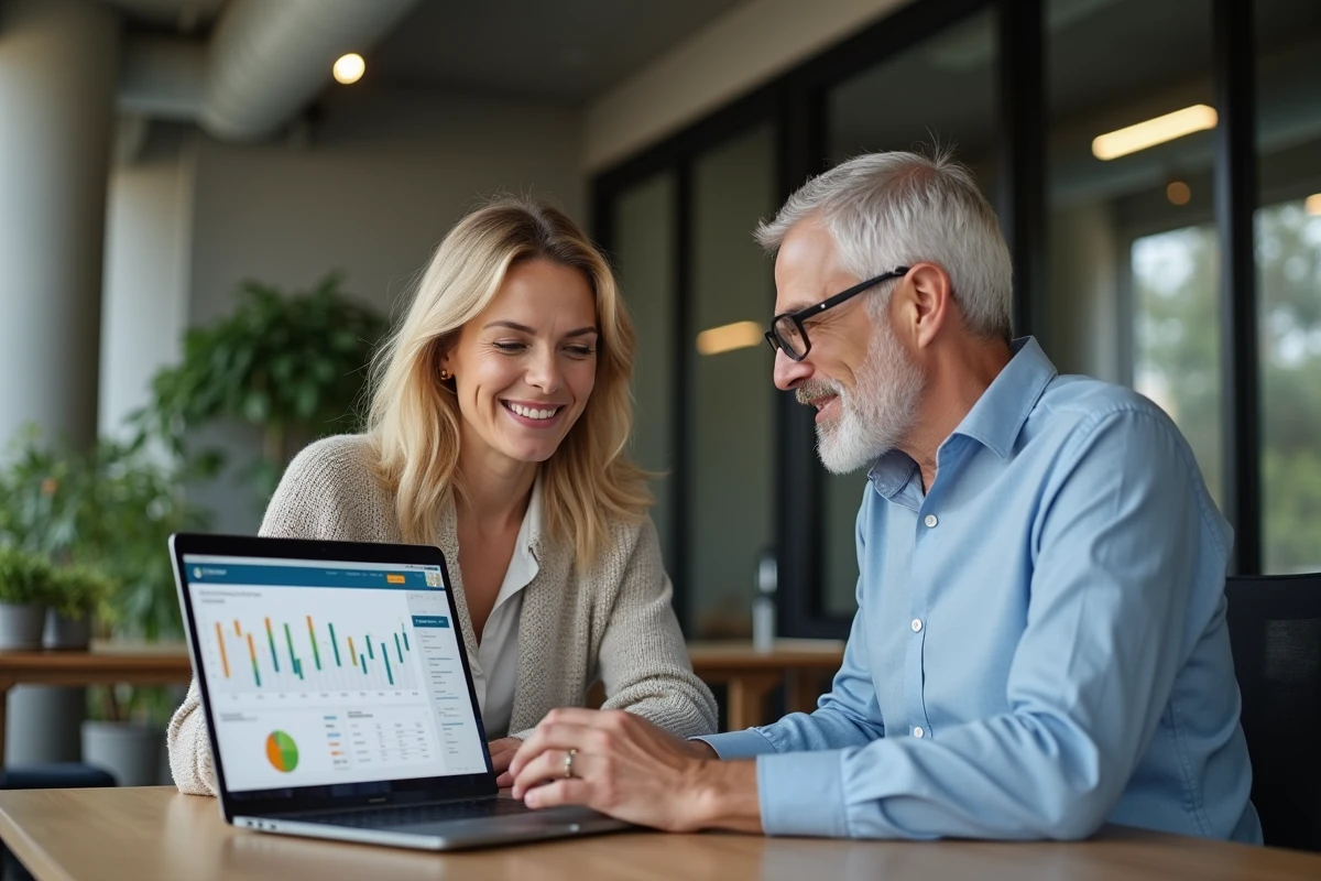 Deux agents immobiliers IAD analysant les performances de leur activité sur l'application PlayIAD dans un espace de coworking