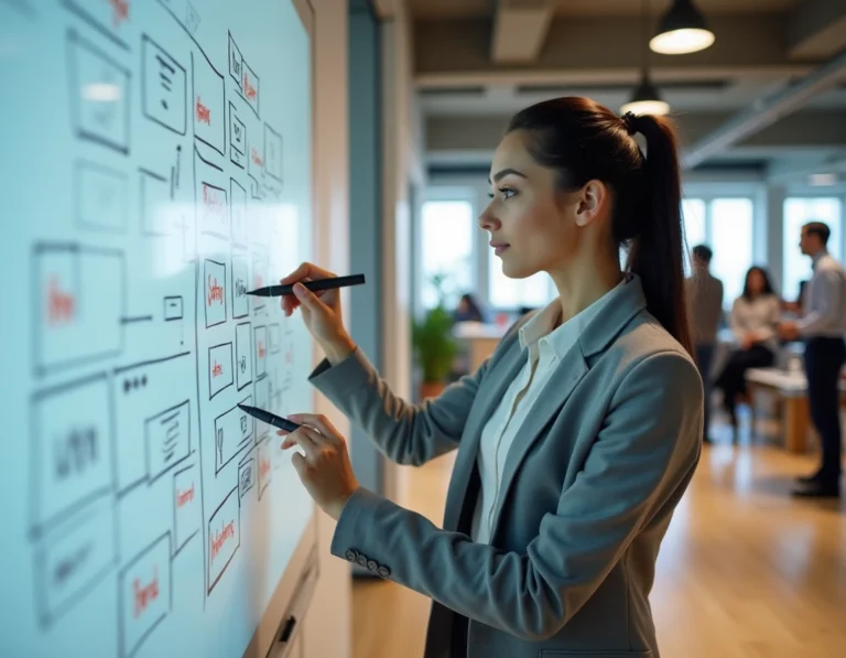 Architecte web féminine pointant un plan de site web dessiné sur un tableau blanc dans un bureau moderne