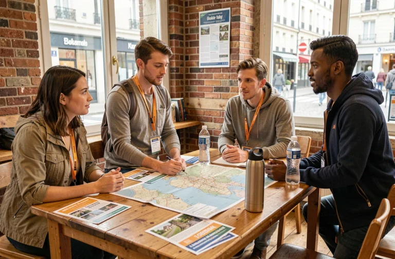 Bénévoles du Voyageur Solidaire réunis autour d'une table pour planifier des initiatives solidaires en France
