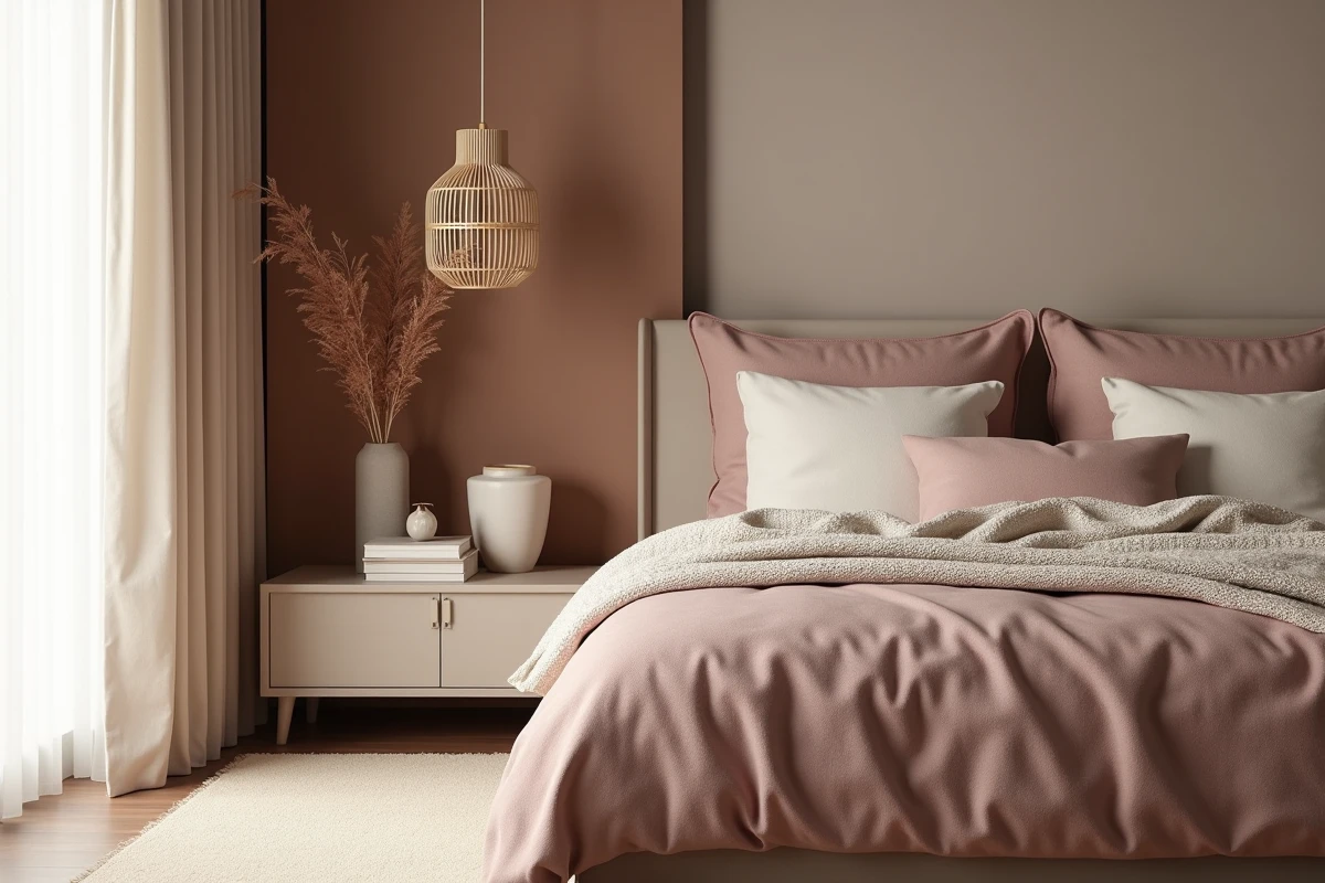 Chambre tendance 2024 avec lit en lin rose poudré, mur à la chaux taupe et décoration biophilique en matières naturelles