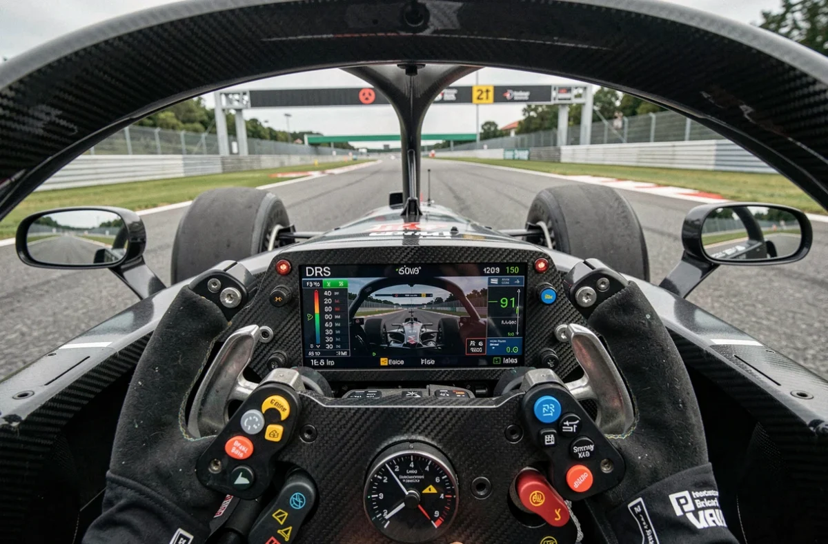 Vue intérieure du cockpit d'une Formule 1 avec volant multifonction et affichage du système de récupération d'énergie, perspective conducteur avant un freinage