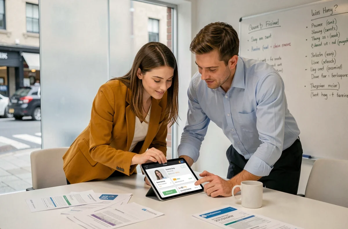 Deux professionnels collaborant sur les offres du site Entrepreneur AZ pour développer leur stratégie commerciale en ligne