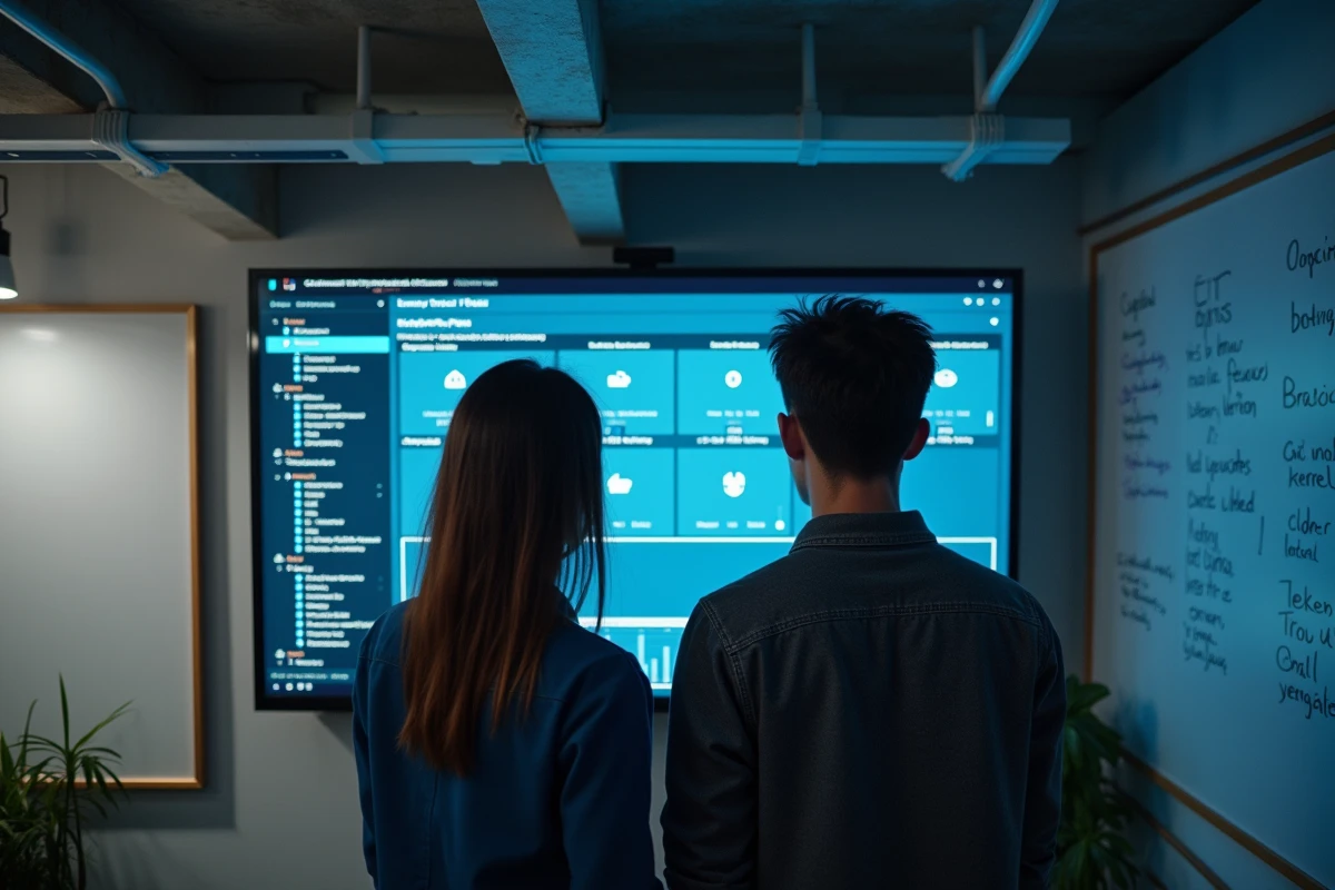 Deux collègues développeurs devant un tableau de bord de mise à jour Linux dans un open space tech