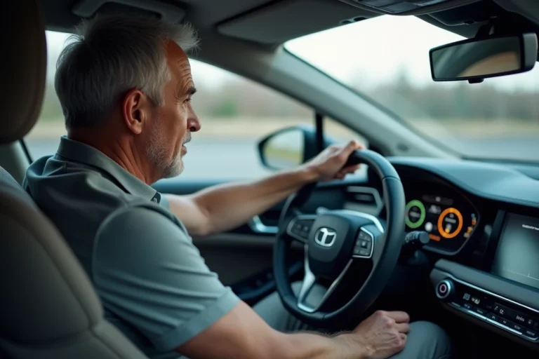 Conducteur d'une voiture hybride sur autoroute regardant l'affichage de consommation d'énergie sur le tableau de bord