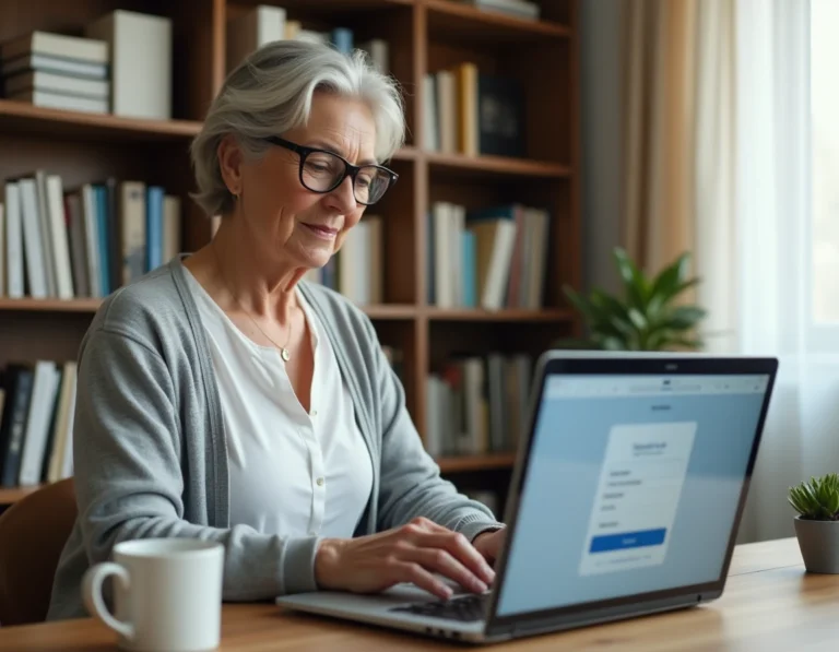 Femme propriétaire se connectant à l'espace en ligne ITEA sur un ordinateur portable depuis son bureau à domicile