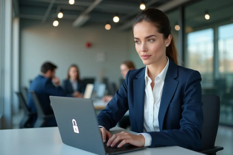 Femme professionnelle se connectant à l'espace sécurisé Securitas sur un ordinateur portable dans un bureau moderne