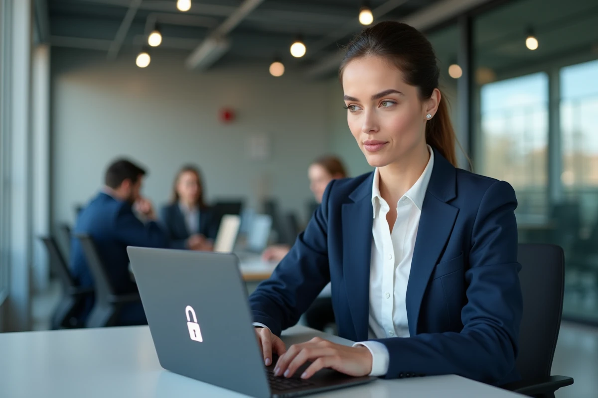 Femme professionnelle se connectant à l'espace sécurisé Securitas sur un ordinateur portable dans un bureau moderne