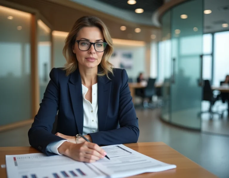 Conseillère bancaire analysant un tableau de calcul différentiel pour un prêt immobilier dans une agence moderne
