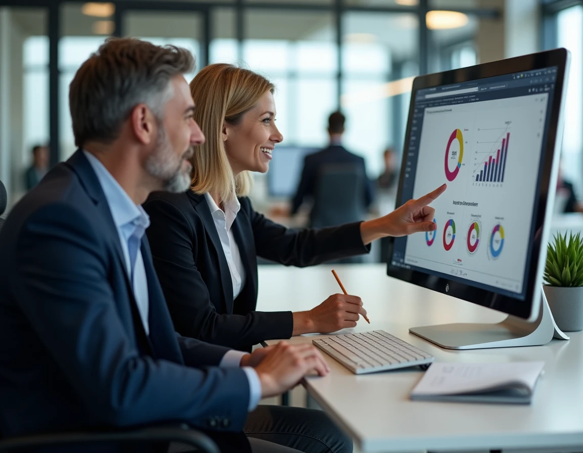 Deux propriétaires consultant ensemble l'espace client ITEA sur un ordinateur de bureau en agence