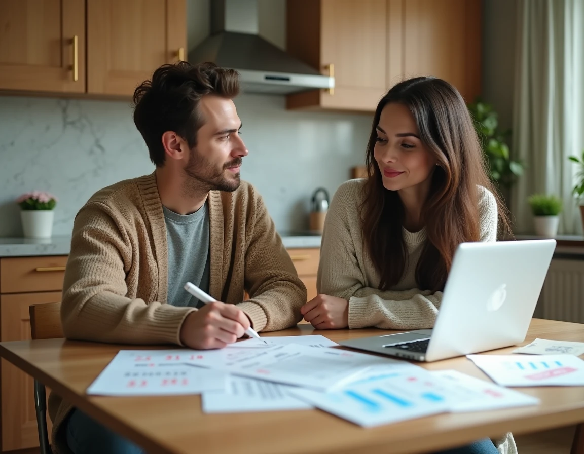Couple comparant des offres de prêt immobilier avec calcul différentiel autour d'une table avec des documents bancaires