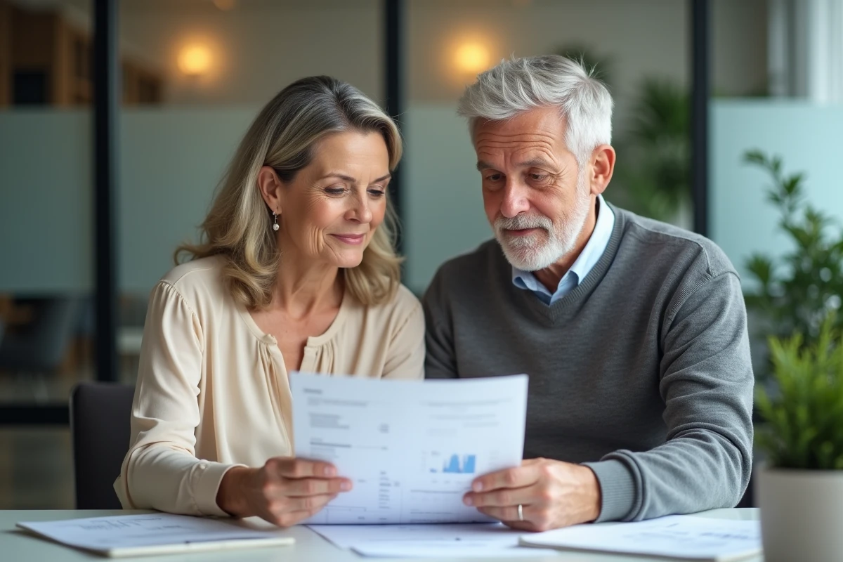 Couple de sexagénaires consultant un conseiller financier pour estimer leur retraite et planifier une pension mensuelle de 1700 euros