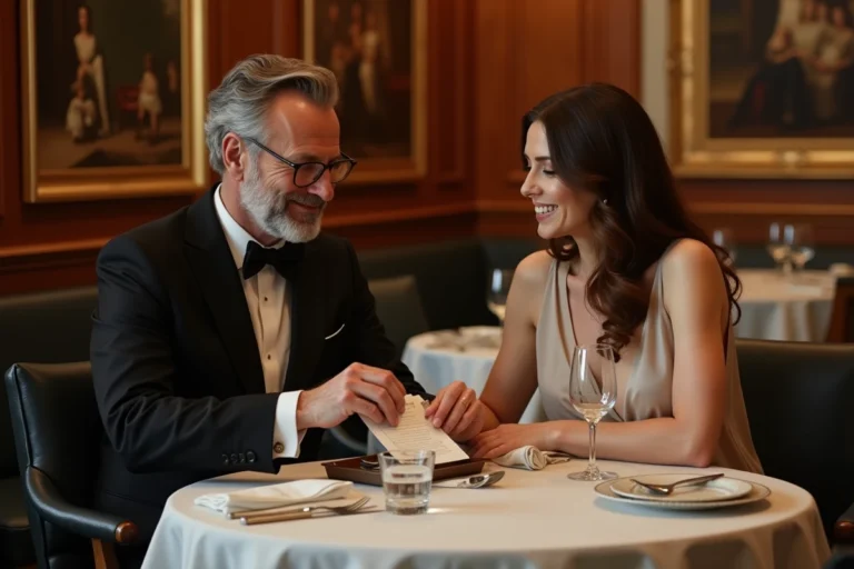 Couple élégant dans un restaurant français en train de régler l'addition