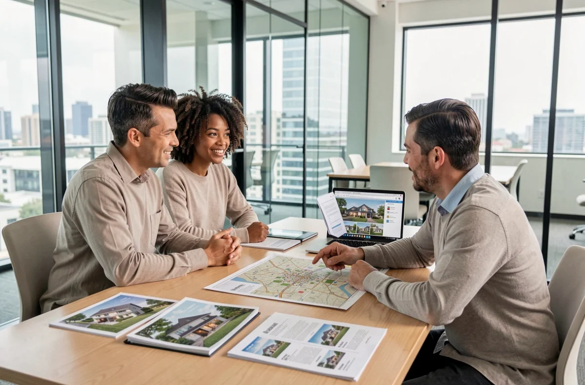 Couple rencontrant un agent immobilier dans une agence moderne pour discuter de leur premier achat immobilier
