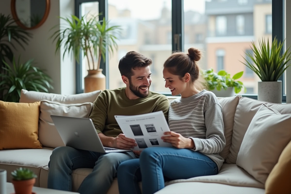 Couple assis dans un salon moderne consultant des équipements connectés pour moderniser leur logement