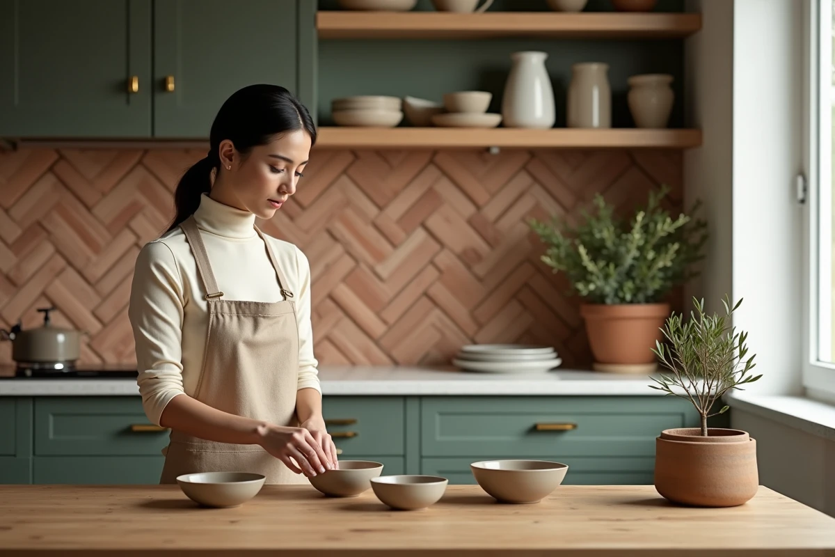 Cuisine tendance 2024 avec façades en chêne vert forêt, carrelage zellige terracotta et femme disposant de la vaisselle artisanale