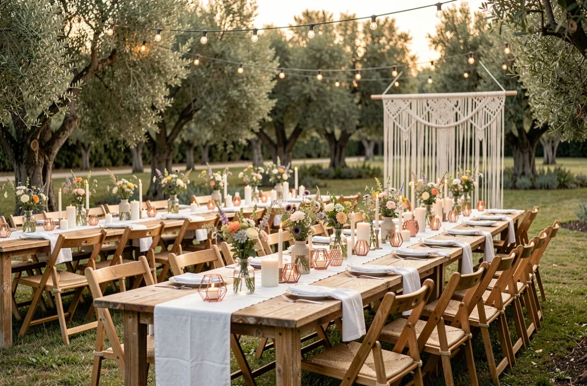 Vue panoramique d'une décoration de mariage en plein air avec tables en bois, bougeoirs géométriques en cuivre et guirlandes lumineuses entre des oliviers