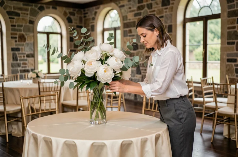 Décoratrice événementielle arrangeant un centre de table floral avec pivoines et eucalyptus dans une salle de réception élégante aux murs en pierre