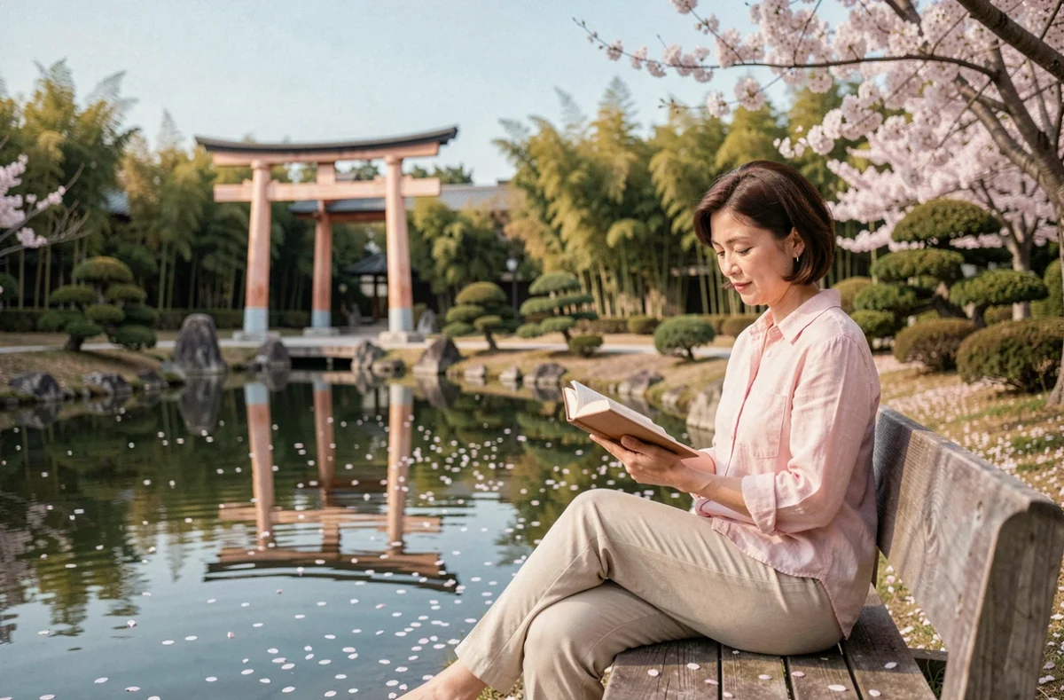 Femme lisant au bord du bassin du parc de Maulévrier lors de la floraison des cerisiers au printemps