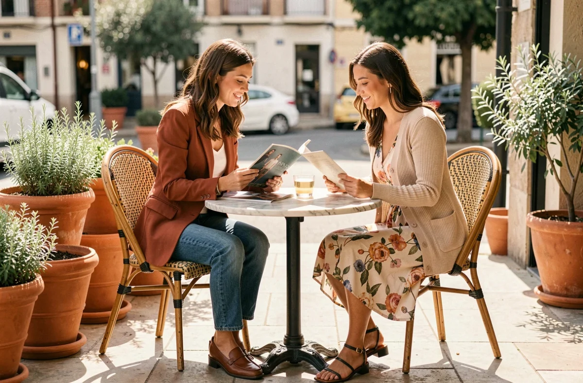Deux femmes tendance feuilletant un magazine mode en terrasse de café, tenues chic et style quotidien estival