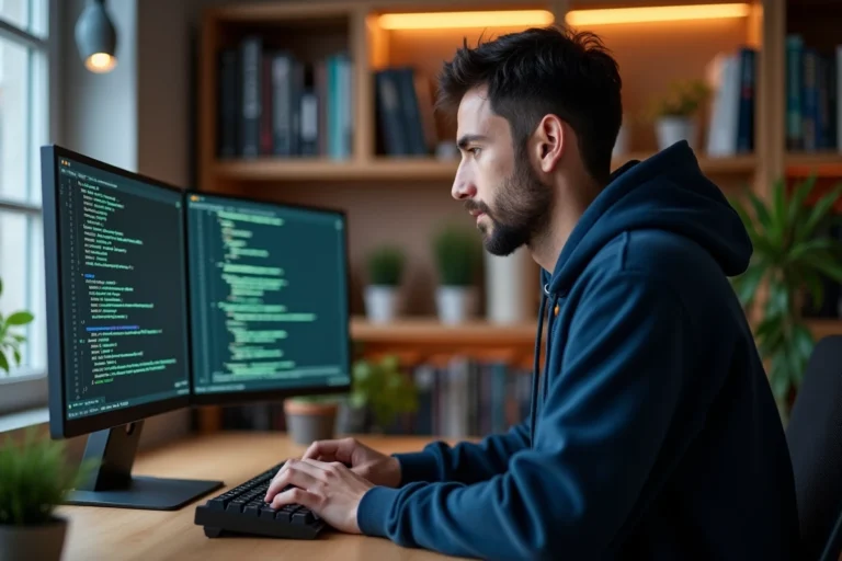 Développeur Linux concentré devant un terminal en ligne de commande dans un bureau moderne