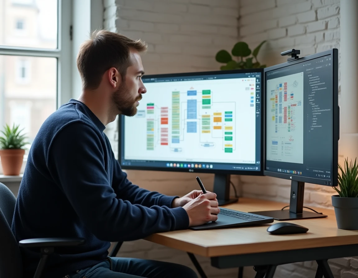 Développeur web masculin travaillant sur un plan de site numérique affiché sur grand écran à son bureau à domicile