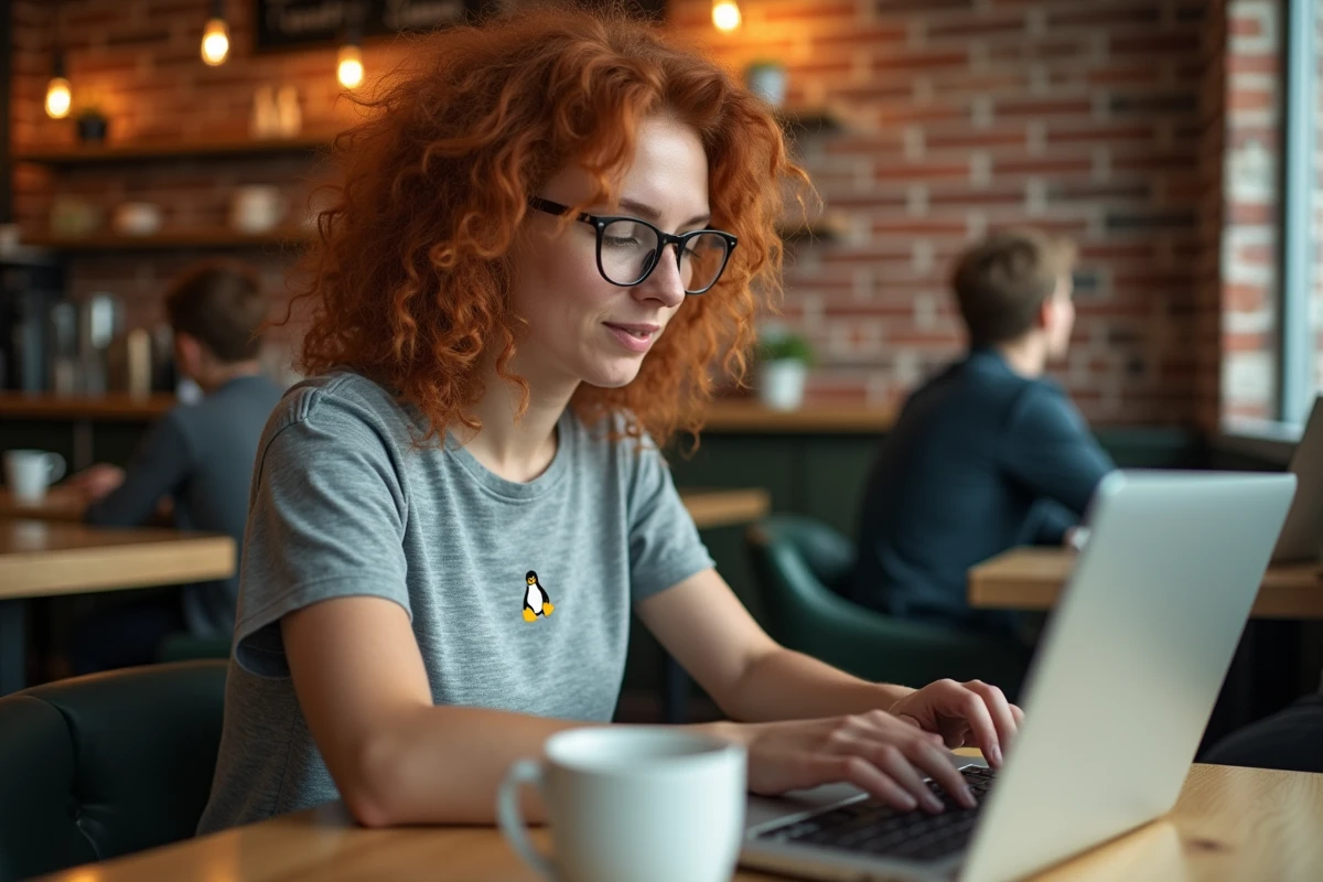 Développeuse open source travaillant sur Linux dans un café avec laptop et fenêtres terminal
