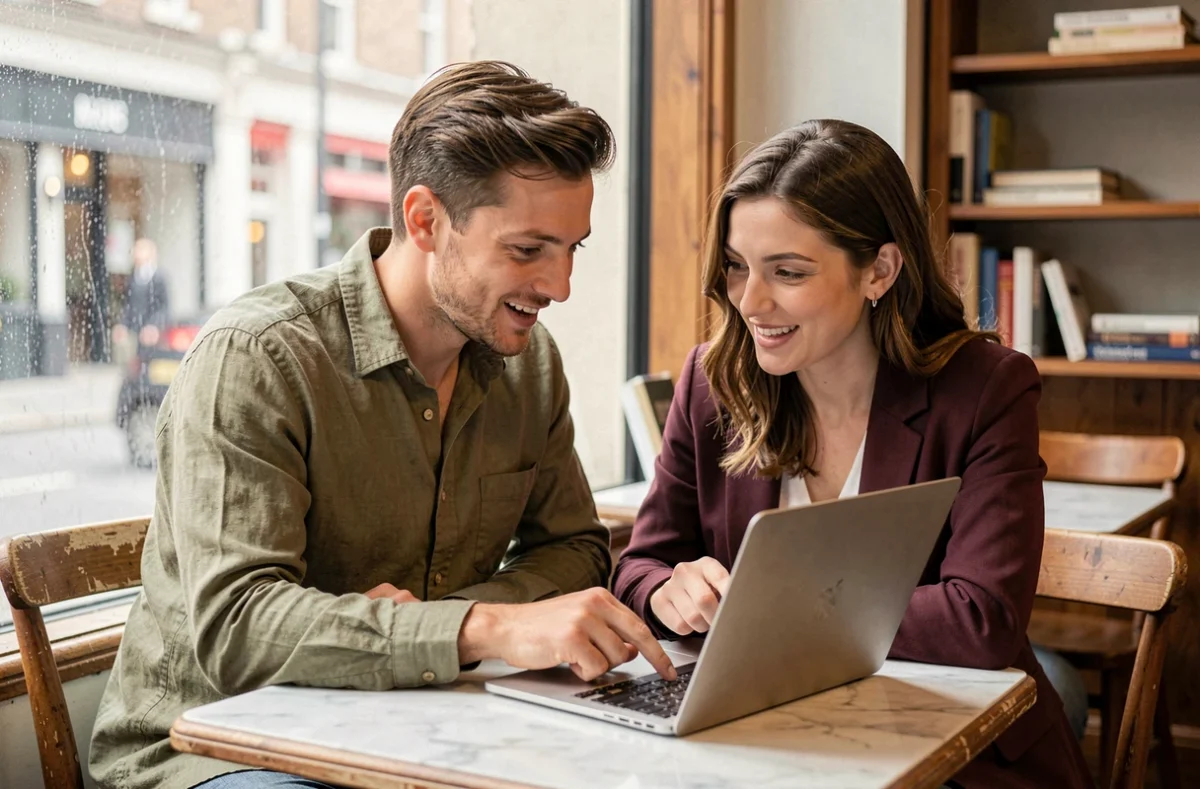 Deux jeunes professionnels discutant de stratégies de recherche d'emploi en ligne ensemble autour d'un ordinateur portable dans un café