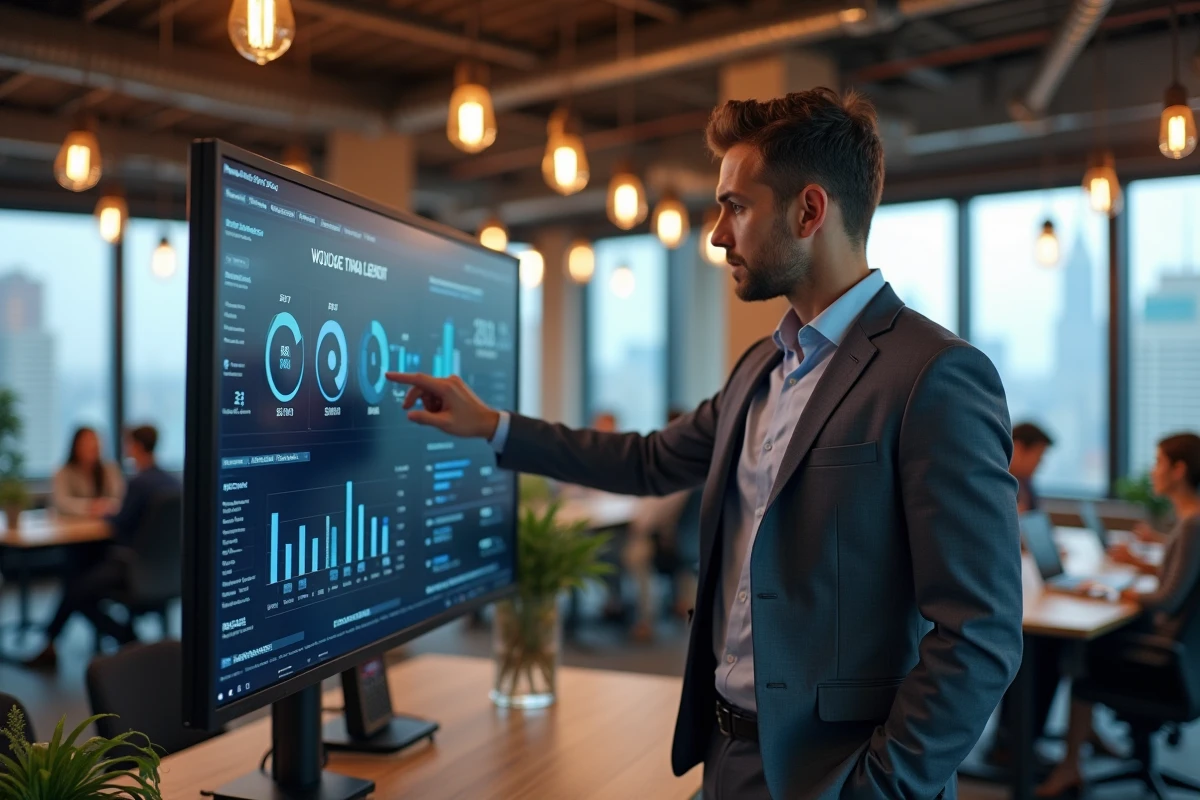 Entrepreneur analysant des métriques de réseaux sociaux sur un écran interactif dans un espace de co-working moderne pour améliorer la visibilité de son entreprise