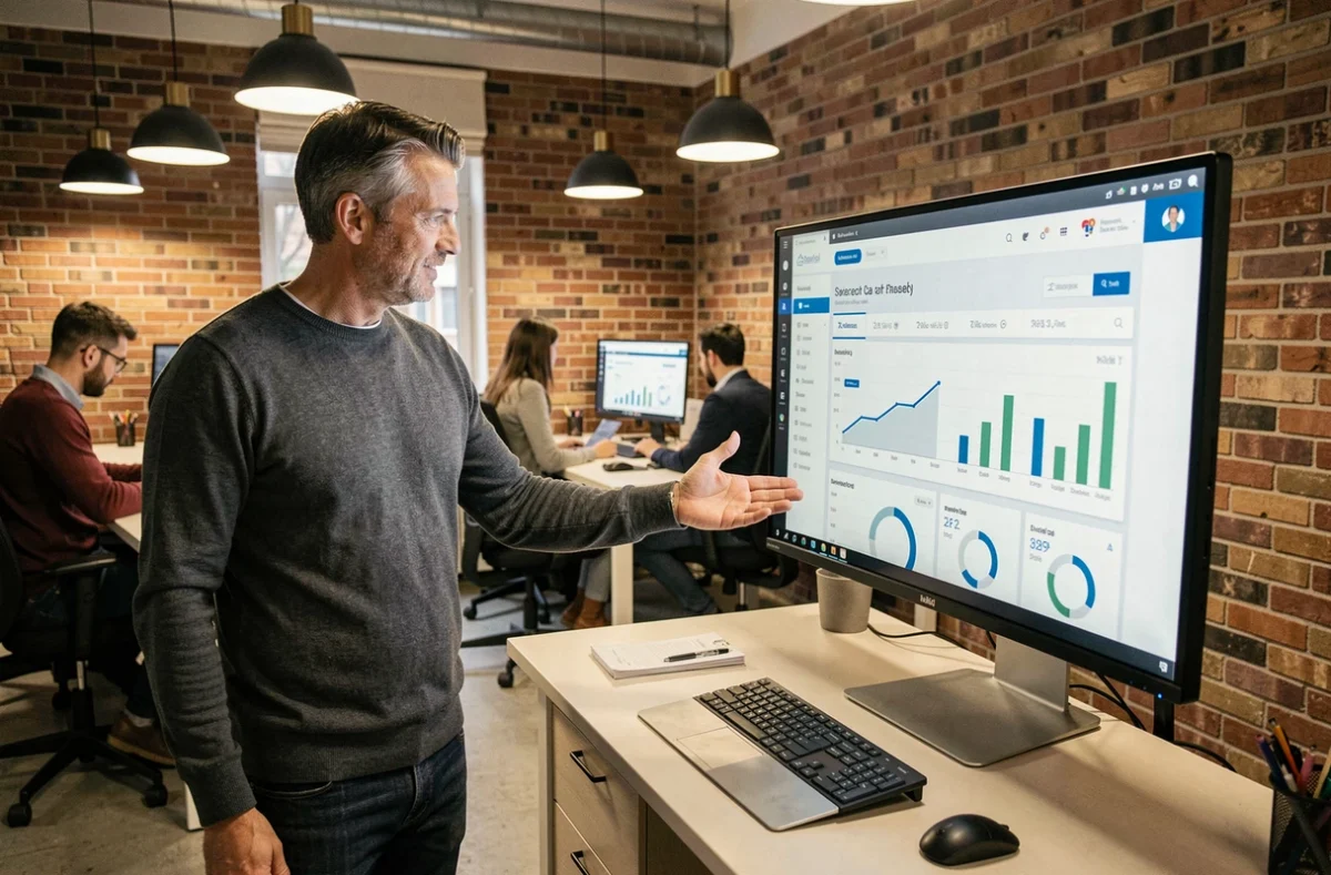 Entrepreneur utilisant un tableau de bord numérique dans un espace de coworking moderne pour développer son activité en ligne