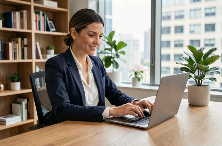 Entrepreneuse analysant les offres en ligne d'Entrepreneur AZ sur son ordinateur portable dans un bureau moderne