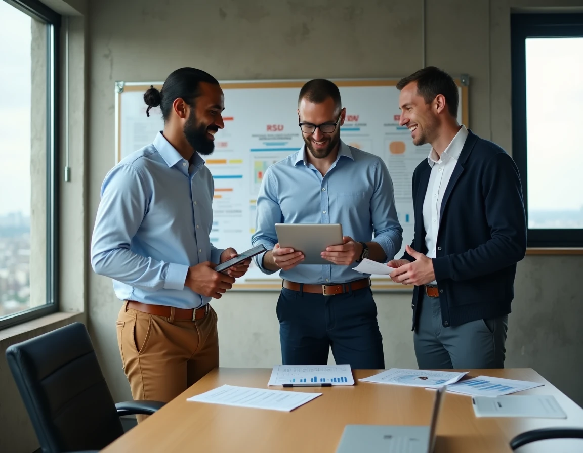 Équipe professionnelle collaborant autour d'une solution de gestion des données d'entreprise Prolencia Smart FR en salle de réunion