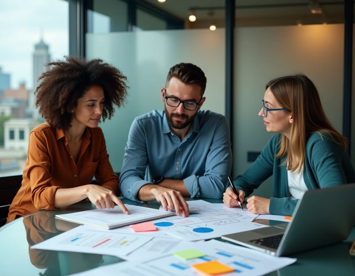 Équipe de professionnels du web en réunion autour d'un plan de site imprimé dans une salle de conférence moderne
