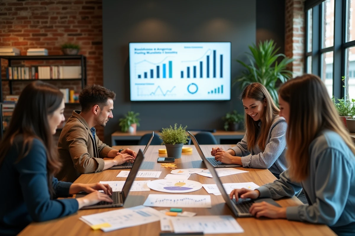 Équipe professionnelle collaborant sur une stratégie de marketing digital innovante pour augmenter la visibilité d'une entreprise