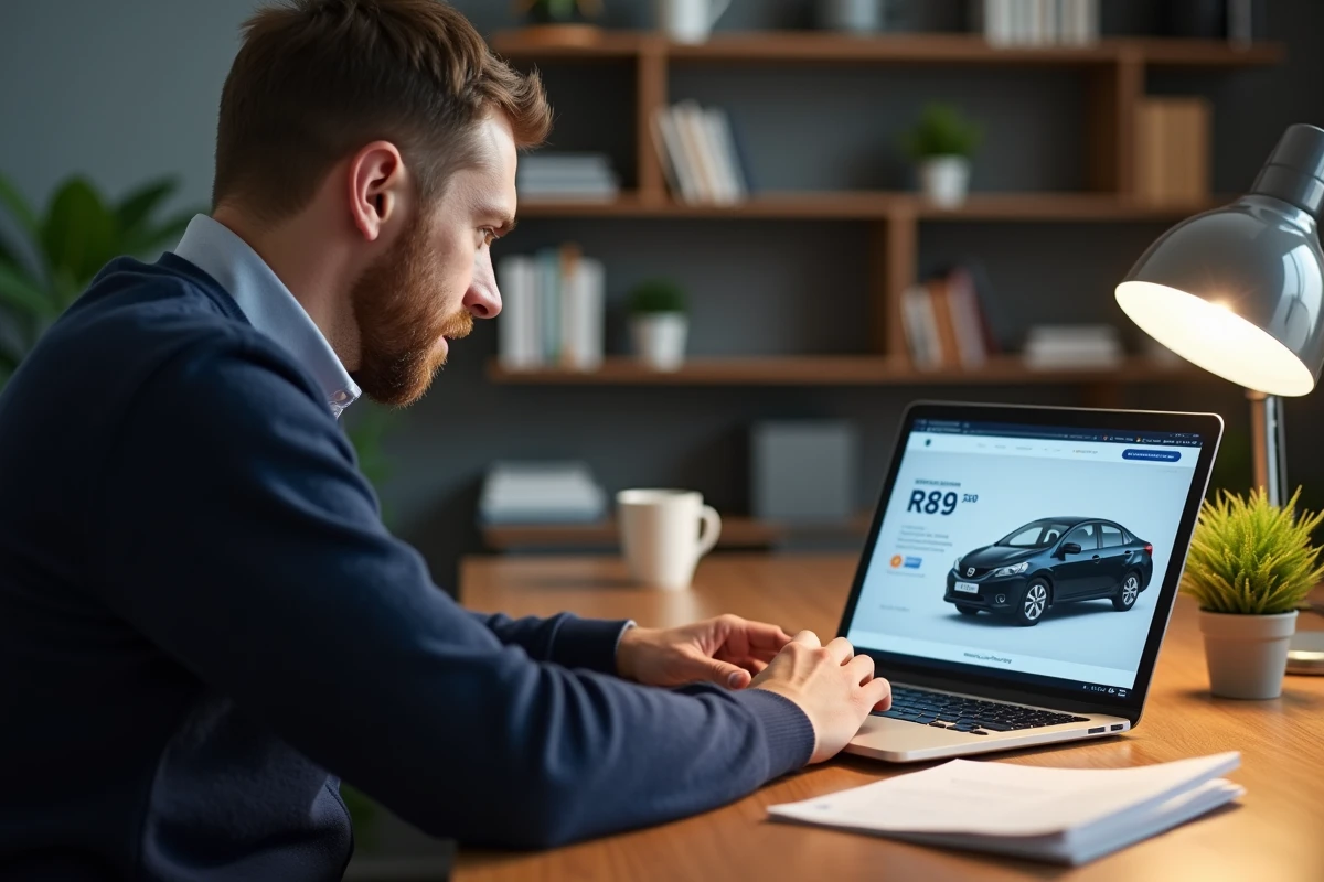 Homme consultant une estimation argus auto gratuite en ligne sur un ordinateur portable à son bureau