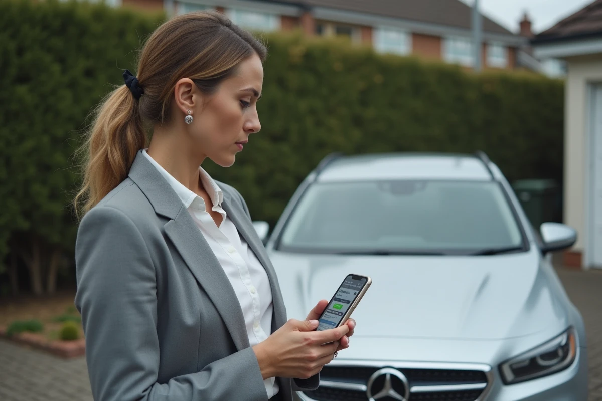 Femme utilisant une application mobile pour obtenir une estimation argus de sa voiture dans une allée résidentielle