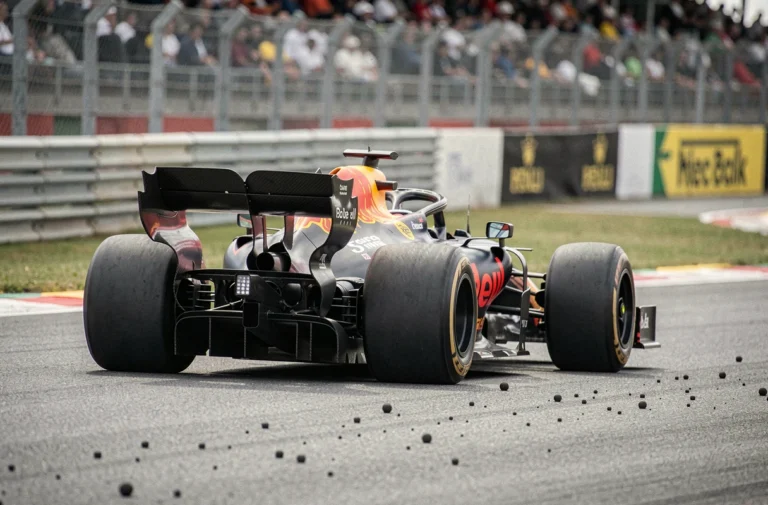 Monoplace de Formule 1 en phase de lift and coast à l'entrée d'un virage, diffuseur arrière et ailerons en détail, flou de mouvement sur les roues