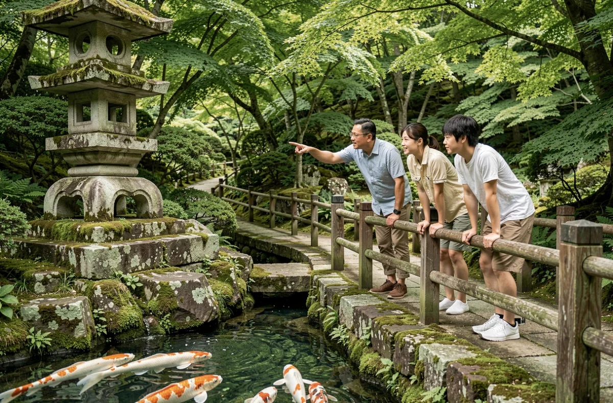 Famille observant des carpes koï dans le parc oriental de Maulévrier pendant une visite estivale