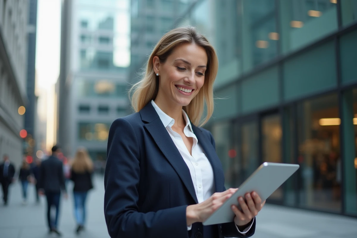 Femme d'affaires consultant des données analytiques sur tablette devant un immeuble moderne pour booster la visibilité de son entreprise