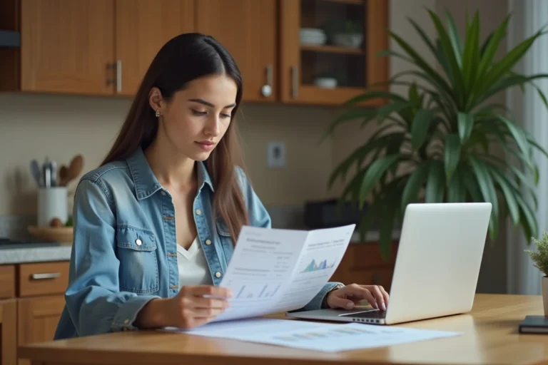 Jeune femme analysant un rapport financier à la maison
