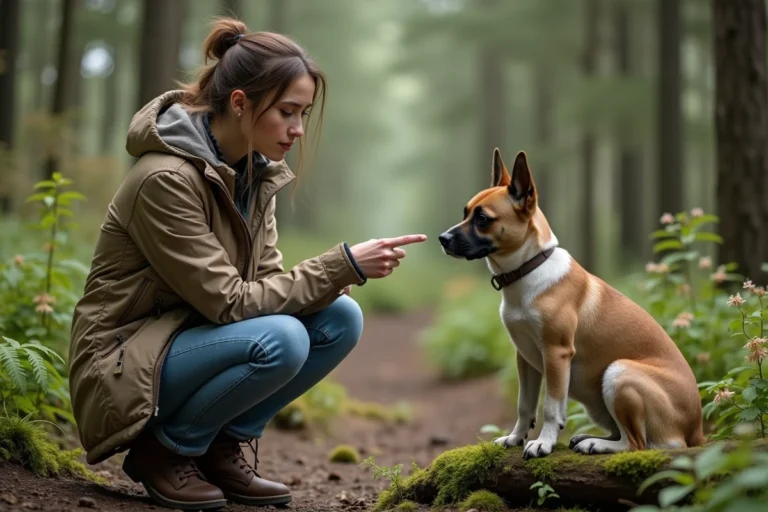Jeune femme avec un chien et un oiseau dans la foret