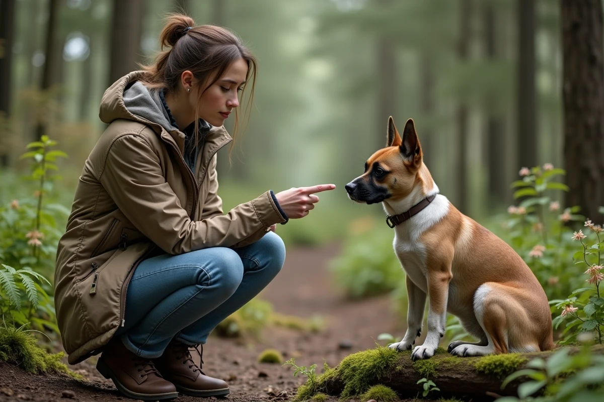 Jeune femme avec un chien et un oiseau dans la foret