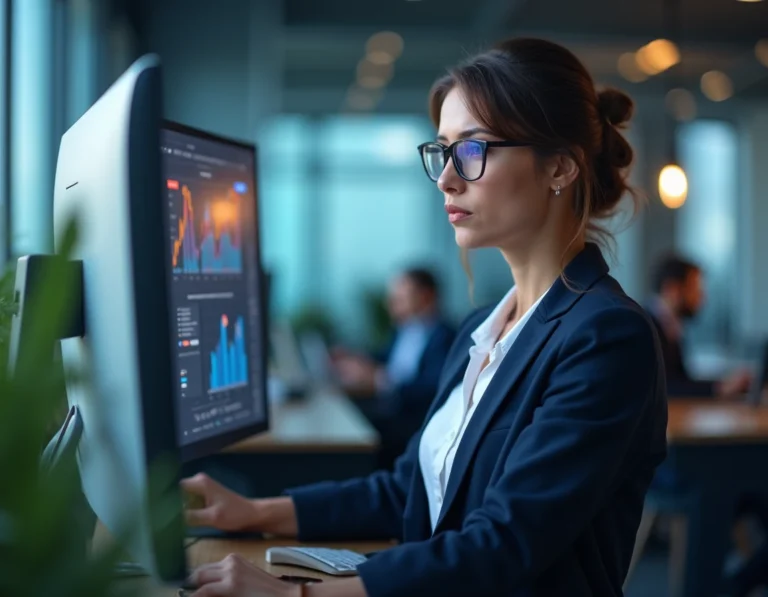 Femme cadre analysant des tableaux de bord de gestion des données d'entreprise sur un écran incurvé avec la solution Prolencia Smart FR