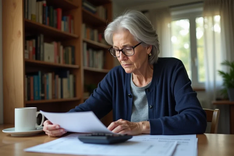 Femme de 58 ans consultant ses documents de retraite à la table de cuisine avec une calculatrice pour estimer sa pension mensuelle