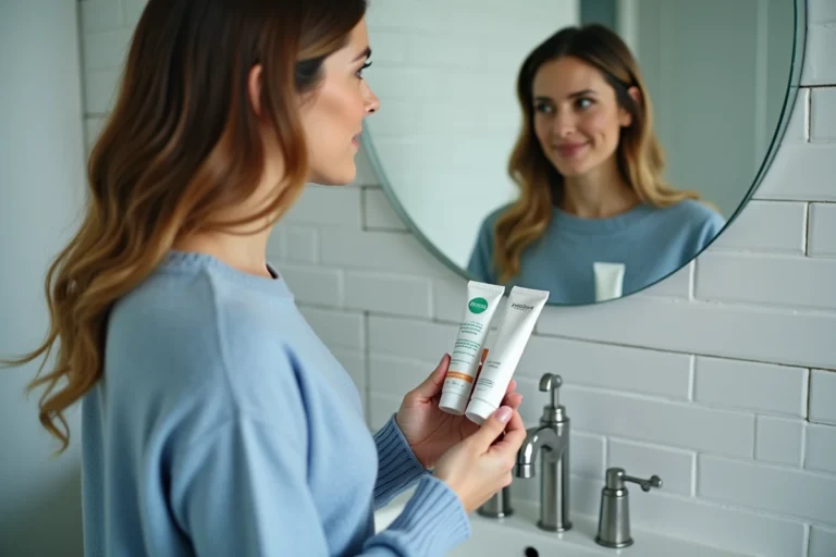 Femme en réflexion avec deux dentifrices dans la salle de bain