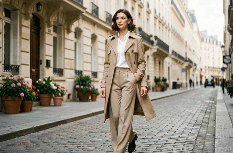 Femme élégante en trench-coat beige marchant dans une rue parisienne pavée, style chic et tendance mode automne