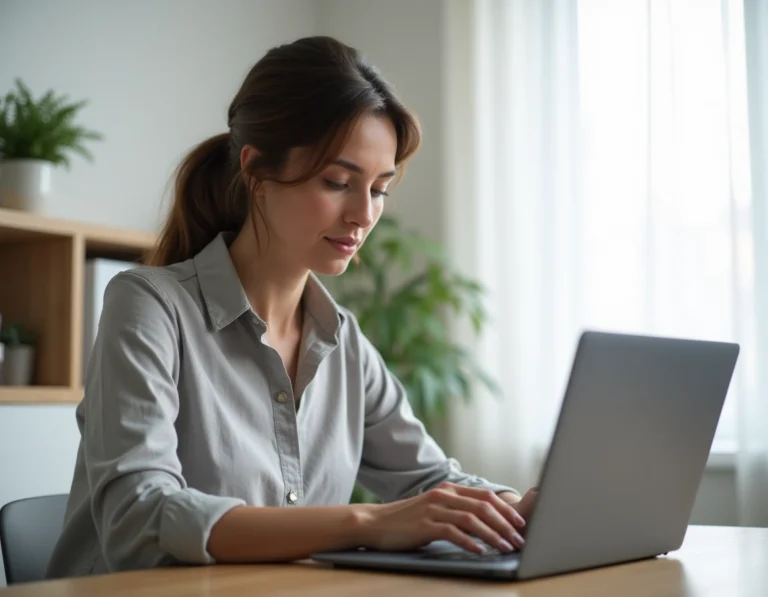 Femme accédant à un service d'état civil en ligne depuis son bureau à domicile