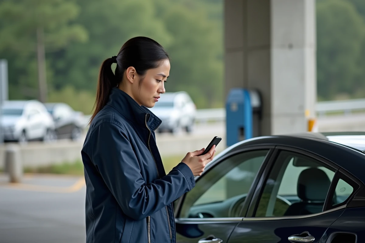 Femme consultant une application d'économie de carburant sur smartphone à côté d'une voiture hybride dans une aire d'autoroute