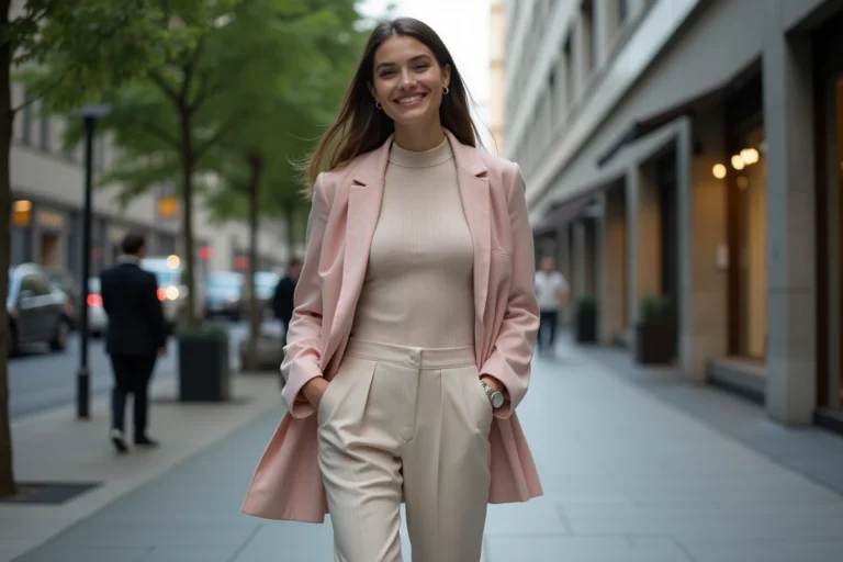Femme élégante en blazer pastel dans la ville