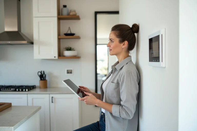 Femme examinant un panneau de commande domotique dans une cuisine moderne pour moderniser son habitat